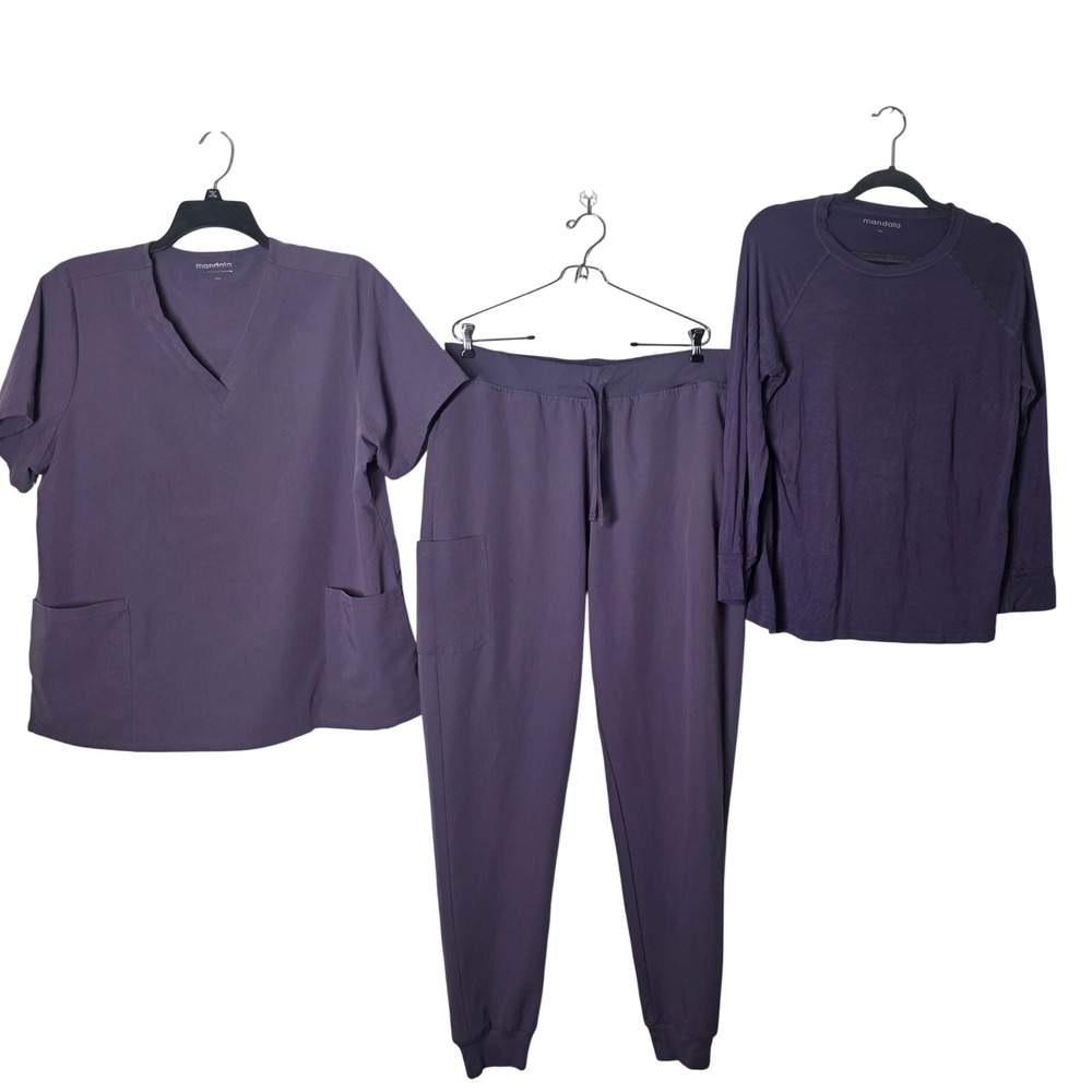 Mandala Scrubs Set 2XL XLT Purple V-Neck Top Jogger Pants Long Sleeve Underscrub